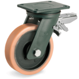 SRP/EE HD FR - Vulkolan® wheels, cast iron centre, swivel top plate bracket type "EE HD" with rear adjustable brake