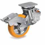 SRP/EES MHD FR - Thick “TR” polyurethane wheels with ergonomic round profile, aluminium centre, swivel top plate electrowelded sprung-loaded bracket type EES MHD with adjustable front brake