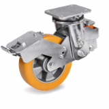 SRP/EES MHD FR - Wheels in thick “TR” polyurethane, aluminium centre, swivel top plate electrowelded sprung-loaded bracket type EES MHD with adjustable front brake