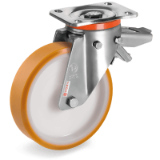 SRP/PX FR - "TR" polyurethane wheels, polyamide 6 centre, stainless steel swivel top plate bracket type "PX" with brake