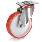SRP/PX - Injection polyurethane wheels, 55 shore D polyamide 6 centre, stainless steel swivel top plate bracket type "PX"