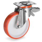 SRP/PX FR - Injection polyurethane wheels, 55 shore D polyamide 6 centre, stainless steel swivel top plate bracket type "PX" with brake